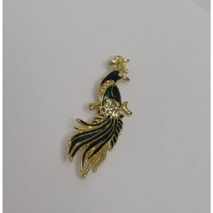 Vintage Blue & Green Enamel Clear Rhinestone Gold Tone Peacock Brooch Pin